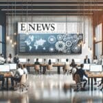 Emprendedores reunidos en una oficina moderna, rodeados de pantallas y dispositivos digitales.