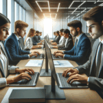 Oficina moderna con jóvenes empresarios latinoamericanos trabajando en laptops y pantallas, ambiente colaborativo y tecnológico.