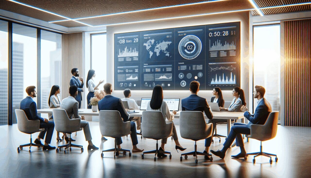 Personas colaborando frente a pantallas con dashboards de datos abiertos en un espacio moderno.