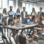 Grupo diverso de emprendedores y empresarios colaborando en un espacio de coworking moderno.