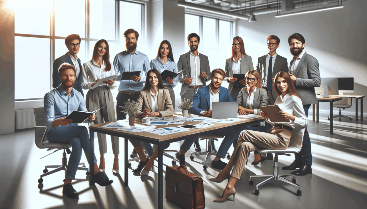 Grupo diverso de emprendedores y empresarios colaborando en un espacio de coworking moderno.