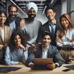 Grupo diverso de emprendedores reunidos en un espacio tecnológico con ambiente colaborativo y moderno.