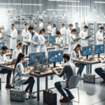 Laboratorio tecnológico con jóvenes emprendedores trabajando en soluciones innovadoras.