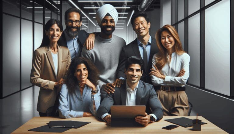 Grupo diverso de emprendedores reunidos en un espacio tecnológico con ambiente colaborativo y moderno.