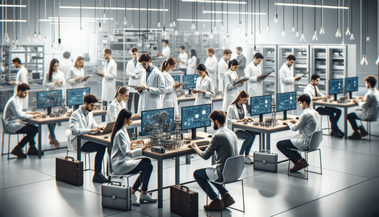 Laboratorio tecnológico con jóvenes emprendedores trabajando en soluciones innovadoras.