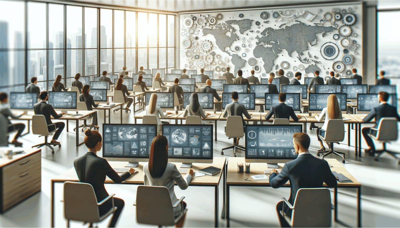 Ilustración digital de una oficina moderna llena de personas colaborando frente a computadoras, con pantallas que muestran datos y gráficas tecnológicas.