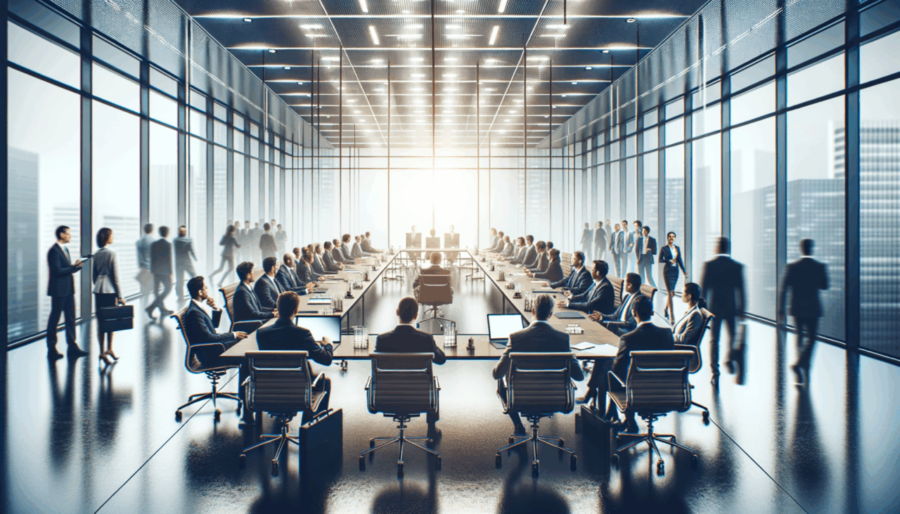 Salón de conferencias moderno lleno de emprendedores y líderes tecnológicos en plena actividad.