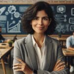 Retrato profesional de una emprendedora latina en espacio de coworking moderno, rodeada de pizarras y dispositivos tecnológicos.