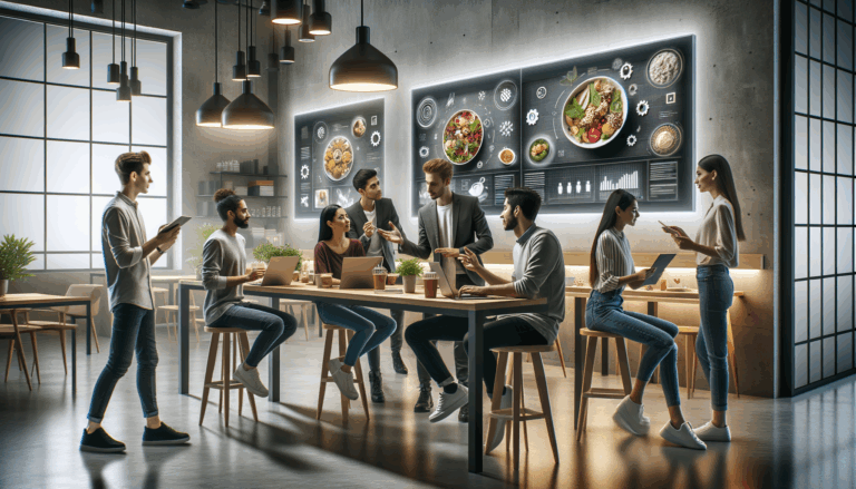 Grupo de emprendedores jóvenes interactuando en un espacio moderno, con pantallas que muestran productos alimenticios innovadores y tecnología.