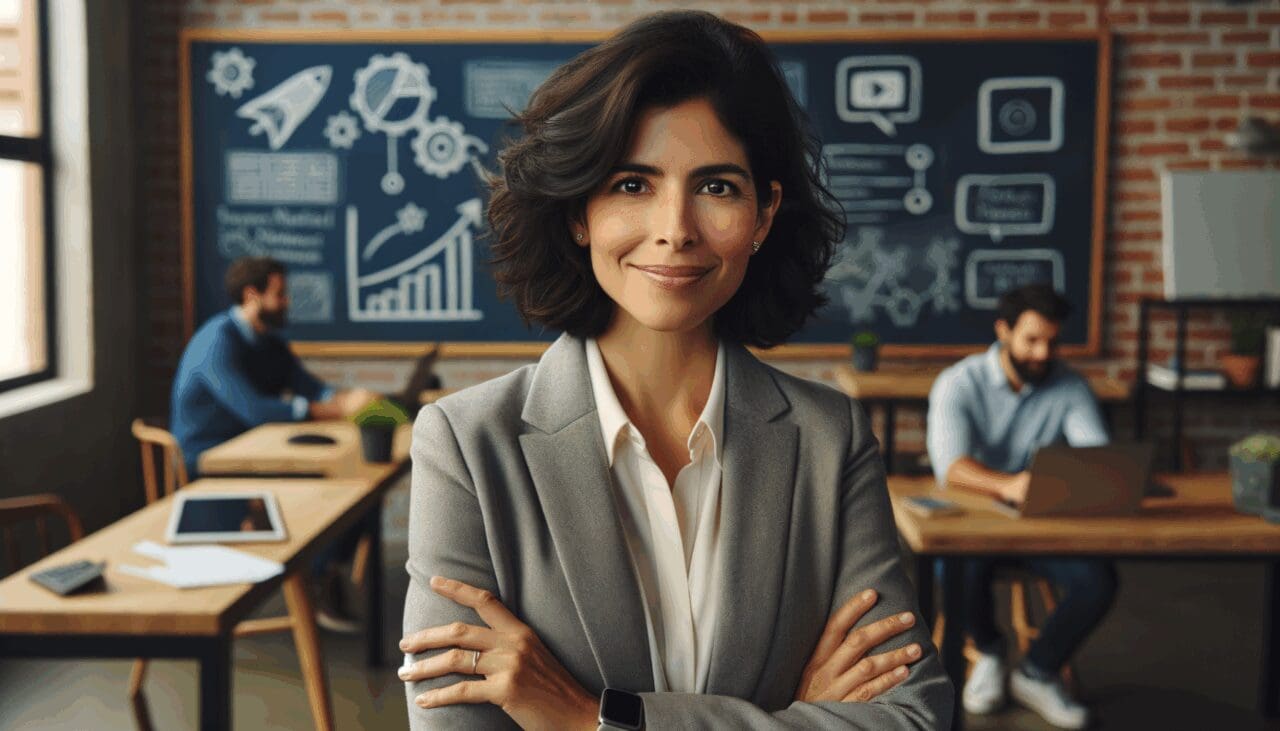 Retrato profesional de una emprendedora latina en espacio de coworking moderno, rodeada de pizarras y dispositivos tecnológicos.