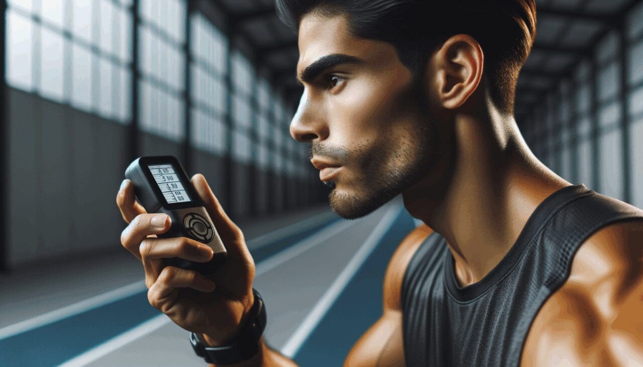 Primer plano de un atleta usando un dispositivo tecnológico sencillo para evaluar su rendimiento, en un entorno deportivo moderno.