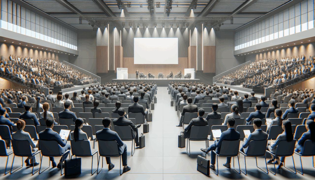 Auditorio moderno con asistentes participando activamente en una feria tecnológica.