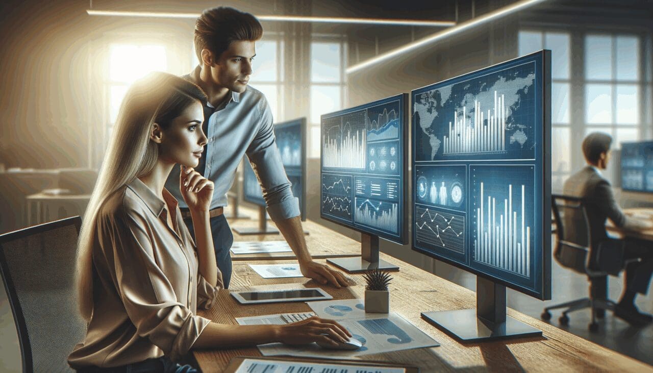 Mujer y hombre revisando datos frente a pantallas con gráficos en un entorno moderno de oficina, con luz natural y equipos tecnológicos.