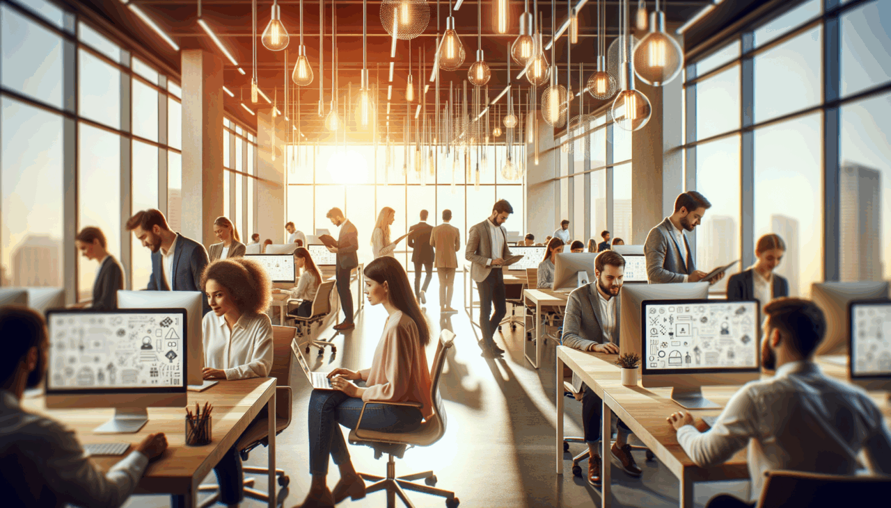 Oficina luminosa con jóvenes emprendedores colaborando frente a computadores en un ambiente innovador.