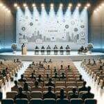 Panel de startups tecnológicas presentando ante un jurado en un moderno auditorio iluminado.