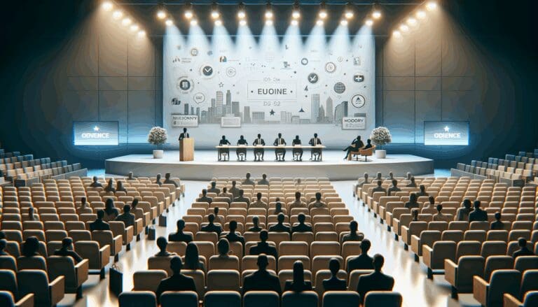 Panel de startups tecnológicas presentando ante un jurado en un moderno auditorio iluminado.