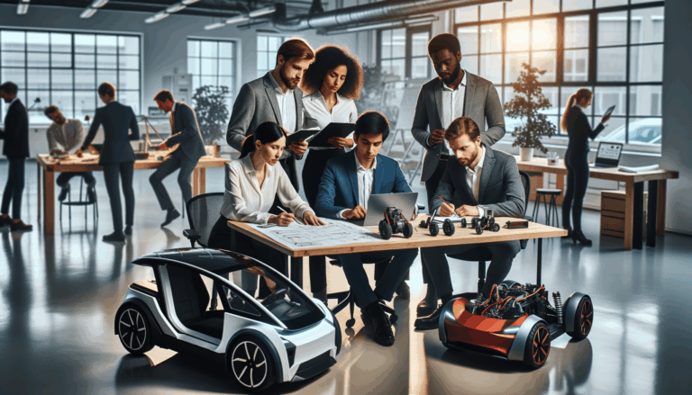 Equipo de emprendedores trabajando en un laboratorio tecnológico con vehículos eléctricos en desarrollo.