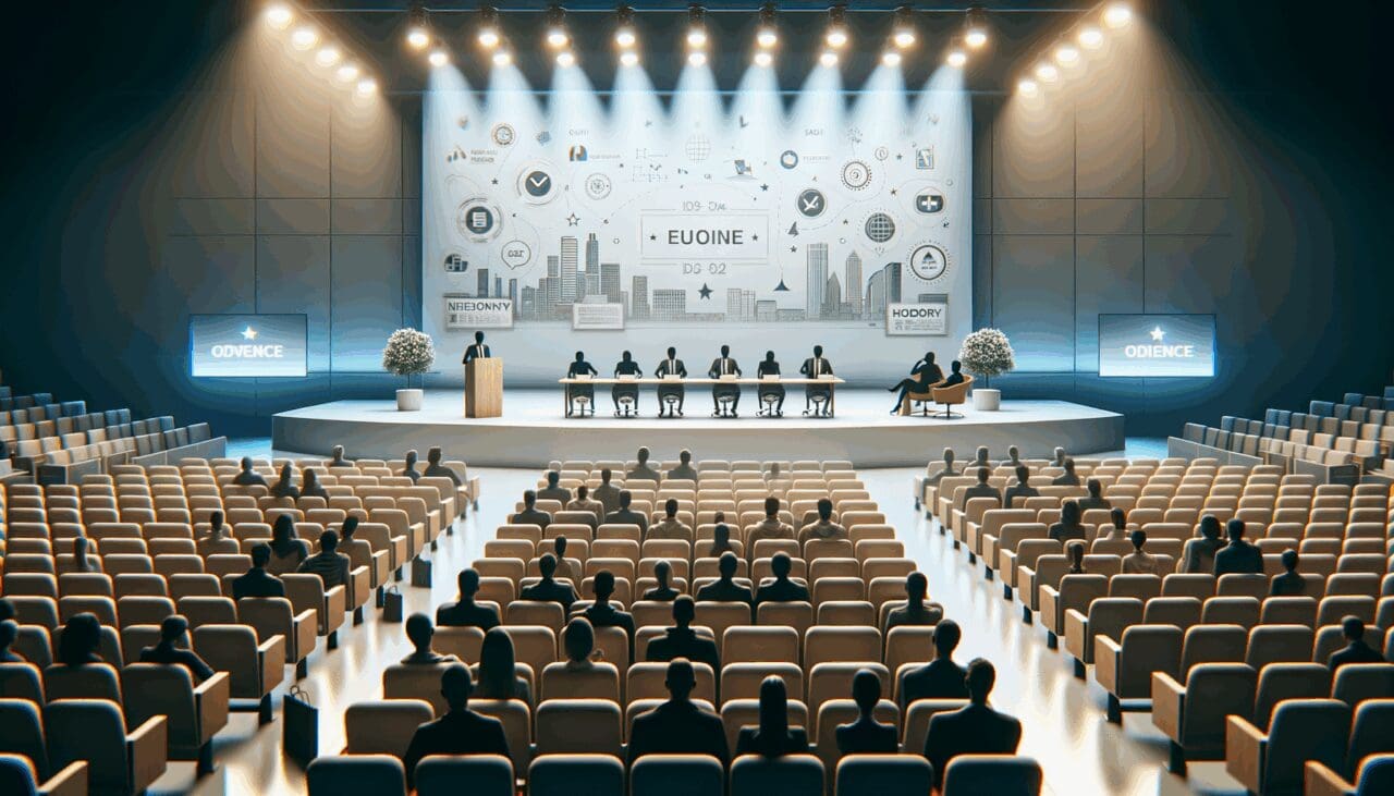 Panel de startups tecnológicas presentando ante un jurado en un moderno auditorio iluminado.