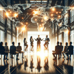 Emprendedores presentando sus ideas en un evento internacional de startups, ambiente moderno y tecnológico.