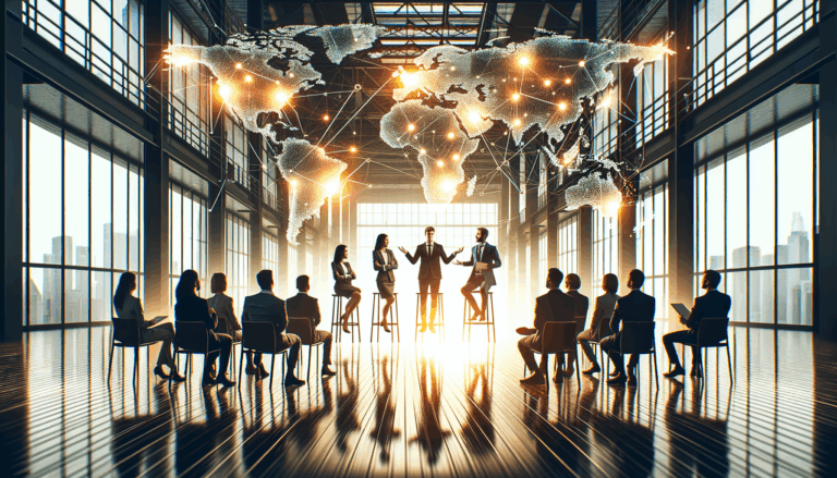 Emprendedores presentando sus ideas en un evento internacional de startups, ambiente moderno y tecnológico.