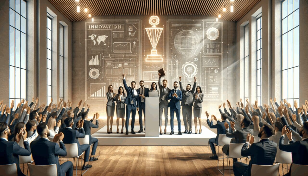 Equipo multinacional celebrando en un auditorio moderno tras ganar un premio de innovación.