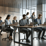 Oficina moderna con jóvenes profesionales trabajando en laptops, ambiente colaborativo tecnológico.