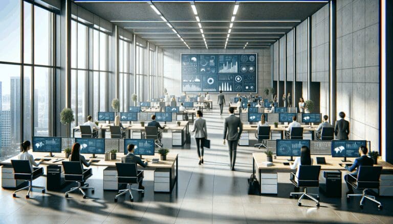 Oficinas modernas con equipos de trabajo y pantallas mostrando gráficos de datos y tecnología.