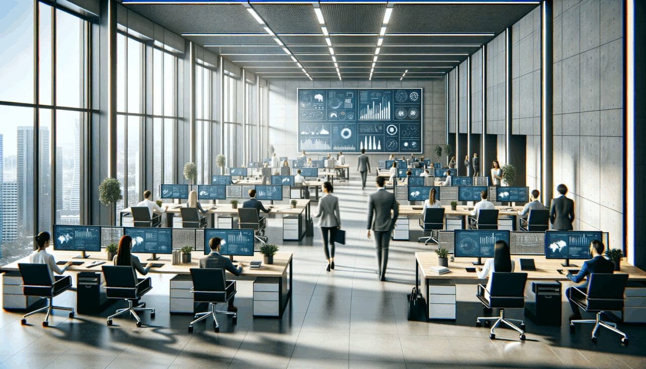 Oficinas modernas con equipos de trabajo y pantallas mostrando gráficos de datos y tecnología.