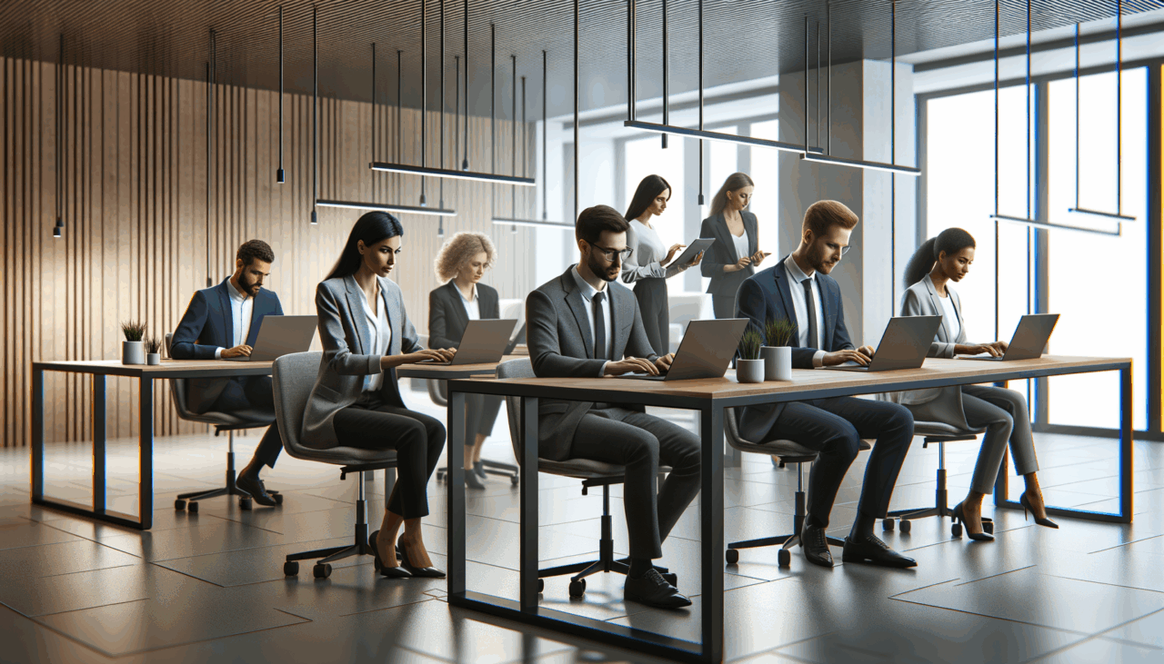 Oficina moderna con jóvenes profesionales trabajando en laptops, ambiente colaborativo tecnológico.