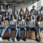 Retrato grupal de un equipo joven y diverso trabajando en laptops dentro de una moderna oficina iluminada.