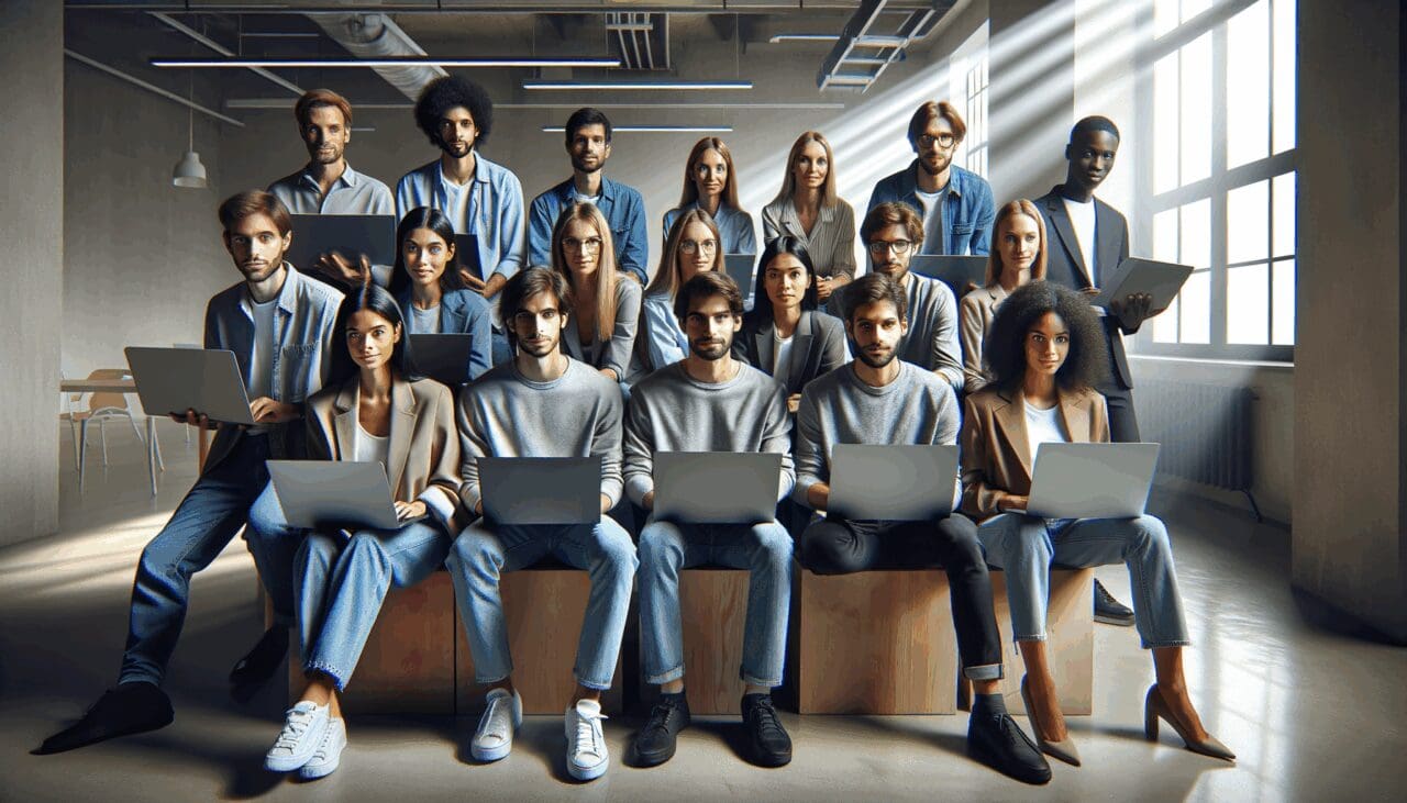 Retrato grupal de un equipo joven y diverso trabajando en laptops dentro de una moderna oficina iluminada.