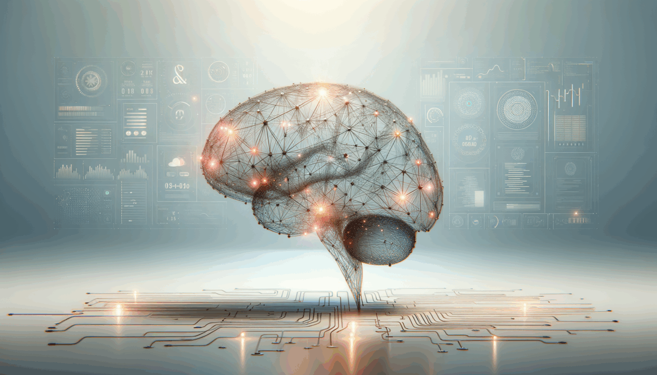 Ilustración de un cerebro digital conectado a datos y algoritmos, sobre fondo claro y minimalista.