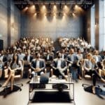 Auditorio moderno lleno de emprendedores y panel de inversores observando presentaciones de startups en un evento tecnológico.