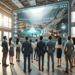Jóvenes profesionales observando una simulación virtual de minería sostenible en una sala futurista.