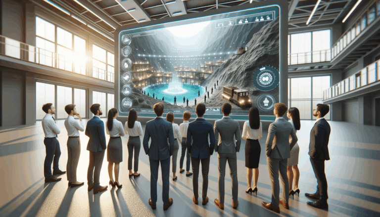 Jóvenes profesionales observando una simulación virtual de minería sostenible en una sala futurista.