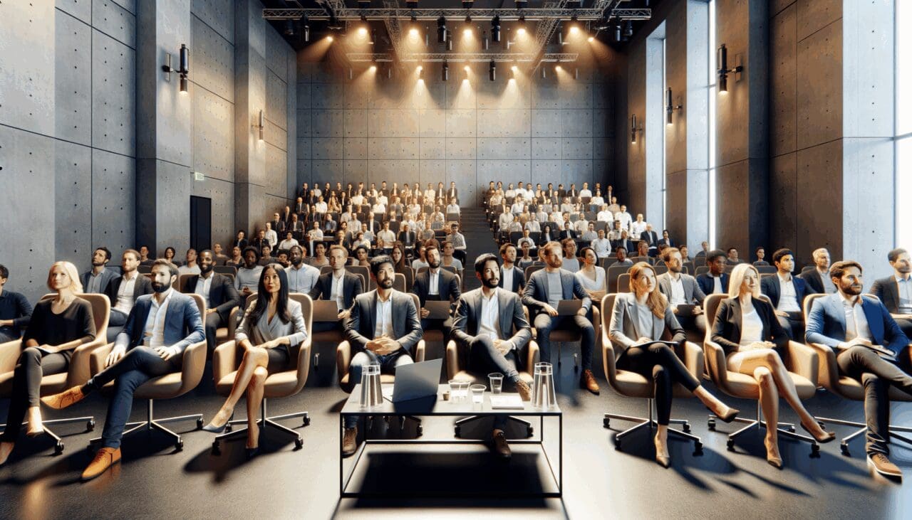 Auditorio moderno lleno de emprendedores y panel de inversores observando presentaciones de startups en un evento tecnológico.