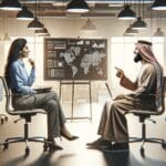 Dos personas conversando en una oficina moderna con pizarras electrónicas y laptops, ambiente de colaboración tecnológica.