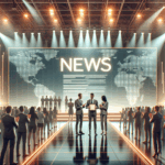 Emprendedores en un escenario moderno recibiendo un premio, con fondo tecnológico y luces de evento.