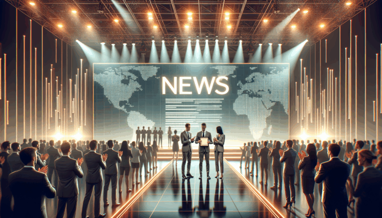 Emprendedores en un escenario moderno recibiendo un premio, con fondo tecnológico y luces de evento.