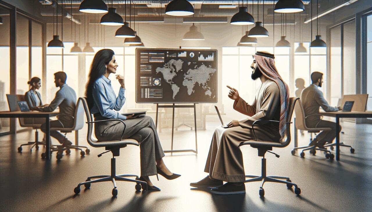 Dos personas conversando en una oficina moderna con pizarras electrónicas y laptops, ambiente de colaboración tecnológica.