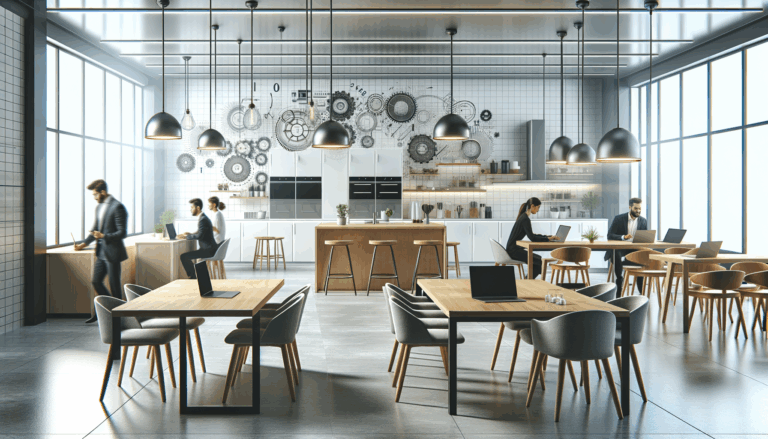 Espacio moderno de coworking con mesas, emprendedores trabajando y elementos de cocina innovadora.