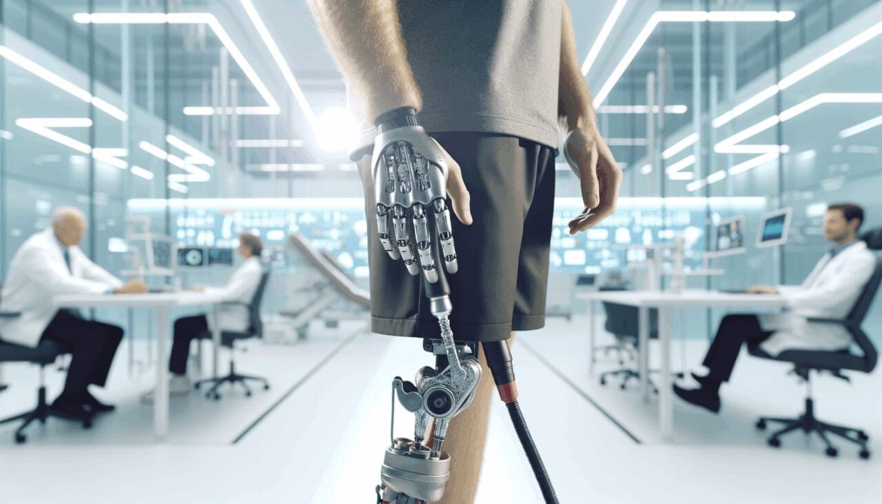 Primer plano de una persona con prótesis en rehabilitación en un centro moderno, ambiente luminoso y tecnológico.