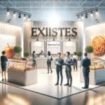 Exposición moderna con emprendedores mostrando alimentos innovadores, ambiente luminoso, estilo feria tecnológica.