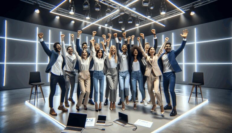 Jóvenes emprendedores celebrando en un escenario moderno y futurista, con iluminación de evento tecnológico.