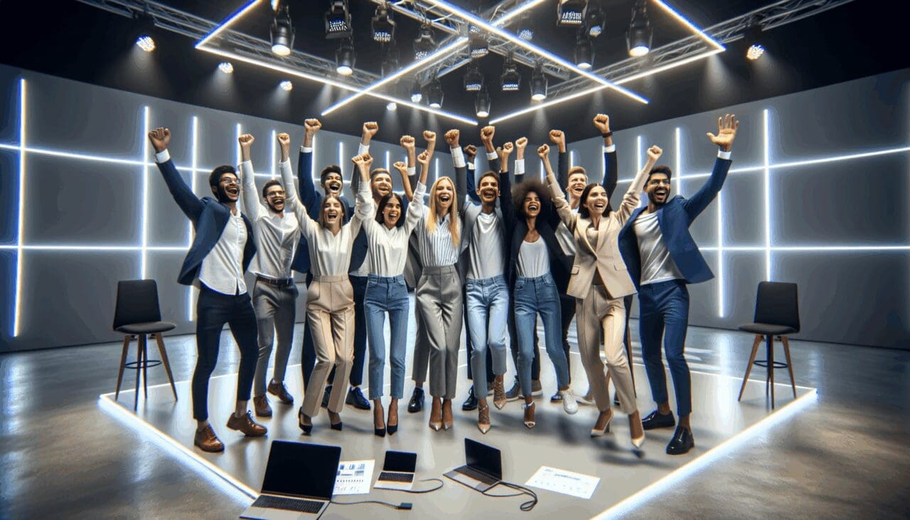 Jóvenes emprendedores celebrando en un escenario moderno y futurista, con iluminación de evento tecnológico.
