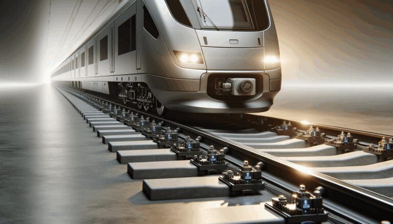 Primer plano de un tren moderno en movimiento con sensores visibles capturando datos en vías férreas limpias.