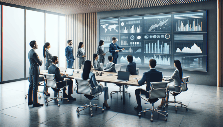 Ejecutivos analizando datos en una sala de juntas moderna con pantallas digitales.