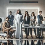 Equipo multicultural de emprendedores en una sala de reuniones tecnológica con pizarras y dispositivos.