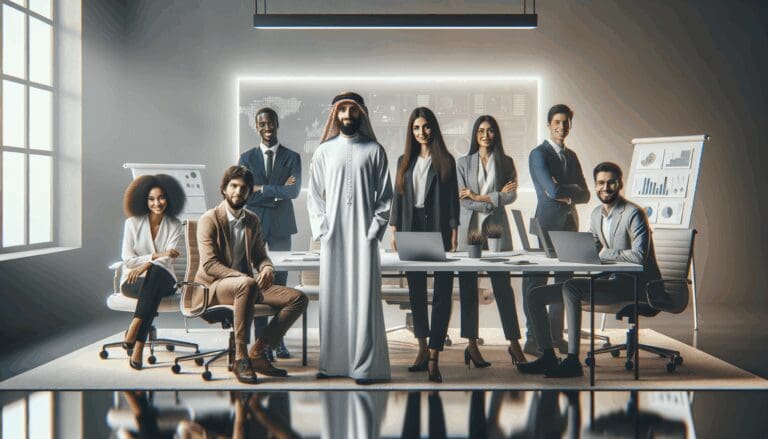 Equipo multicultural de emprendedores en una sala de reuniones tecnológica con pizarras y dispositivos.