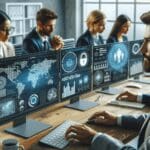 Primer plano de profesionales analizando datos de ciberseguridad en una oficina moderna, pantallas con gráficos y mapas digitales.